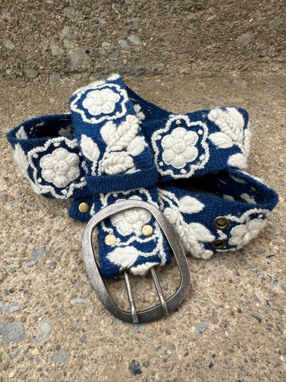 Jenny Krauss Embroidered Wool Belt Blue Floral Boho Western Small